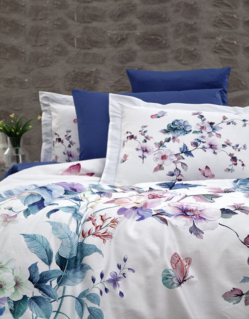 3D Спално бельо от памучен сатен – бяло и синьо с цветя