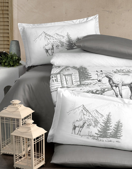 3D Спално бельо от памучен сатен – бяло с коне и планини – 3D-63