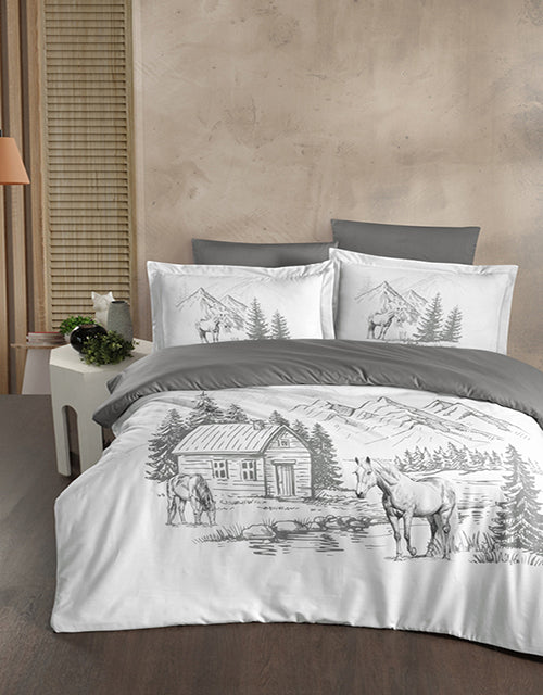 3D Спално бельо от памучен сатен – бяло с коне и планини – 3D-63
