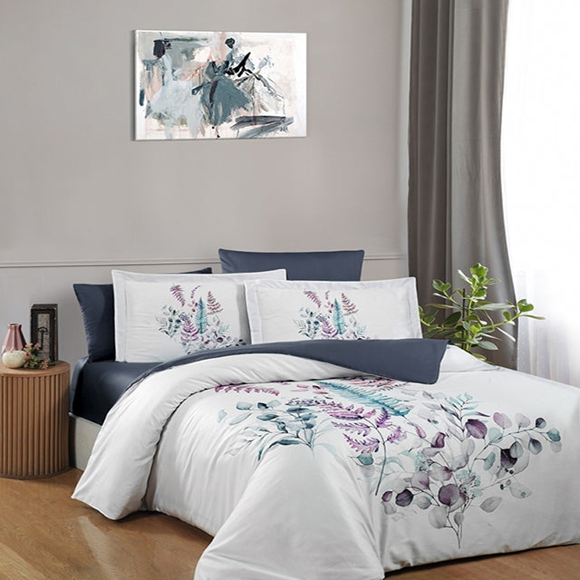 3D Спално бельо от памучен сатен – бяло с нежни листа