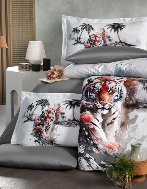 3D Спално бельо от памучен сатен – бяло с тигър