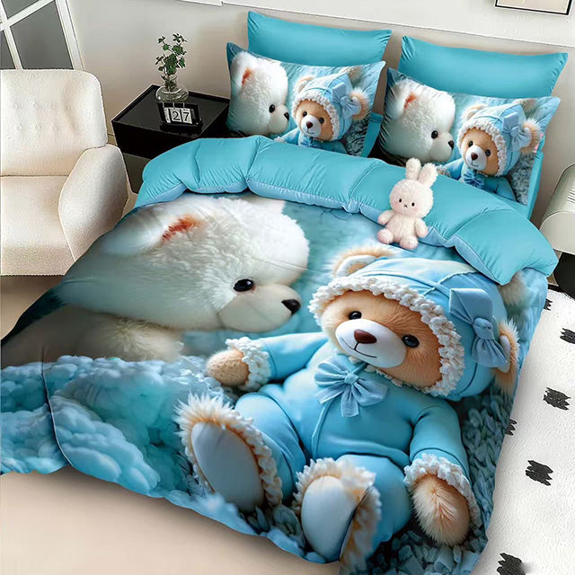 5D Спално бельо с ластик - синьо с мечета