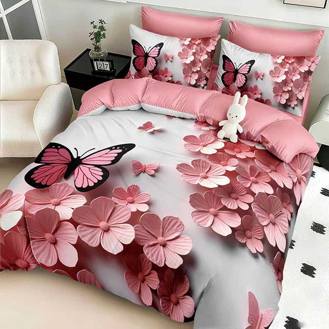 5D Спално бельо с ластик - розово и бяло с цветя и пеперуди