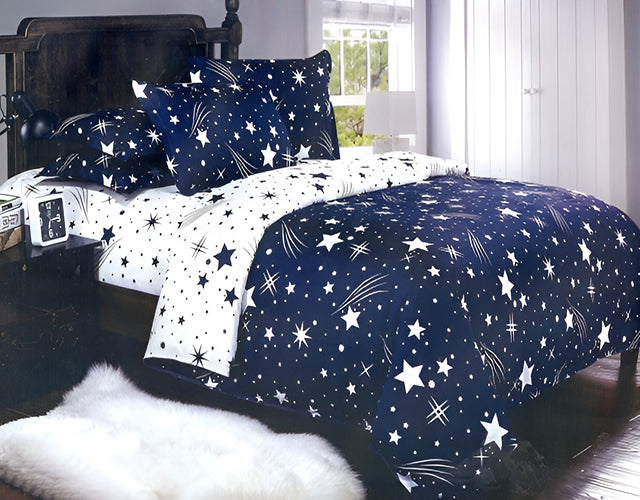 Спално бельо от 100% памук – бяло и синьо със звезди