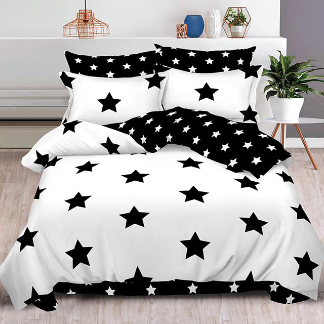 Спално бельо от 100% памук – бяло с черни звезди