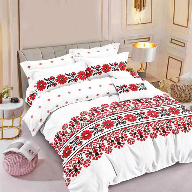 Спално бельо от 100% памук – бял фон с червени цветя и орнаменти