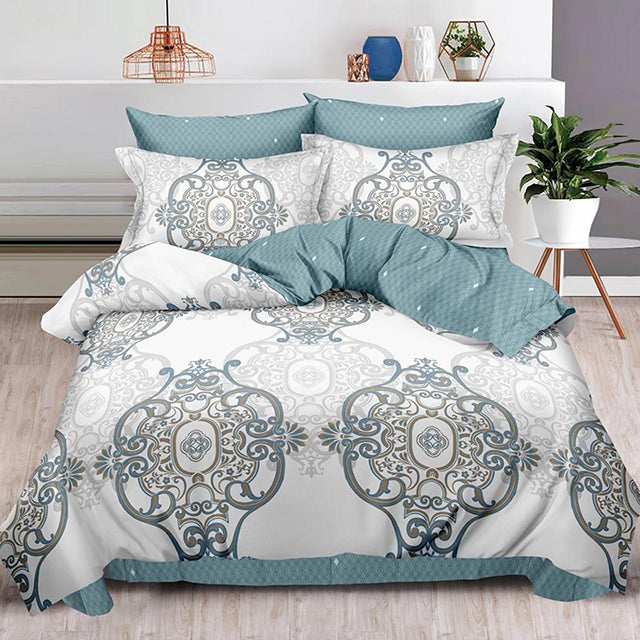 Спално бельо от 100% памук – бяло и синьо с орнаменти