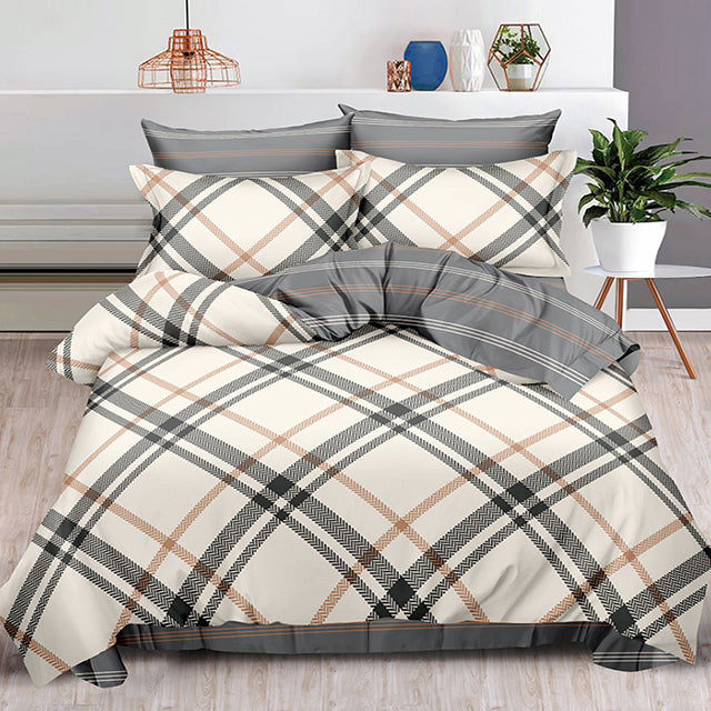 Спално бельо от 100% памук – цвят слонова кост и сиво с ленти