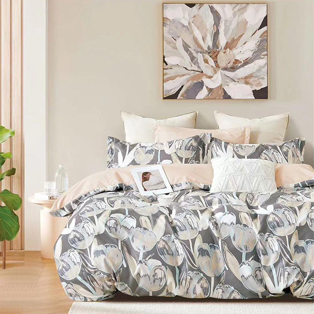 Спално бельо от 100% памук – сиво с бели цветя