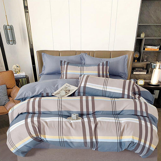 Спално бельо от 100% памук – синьо и сиво с райета