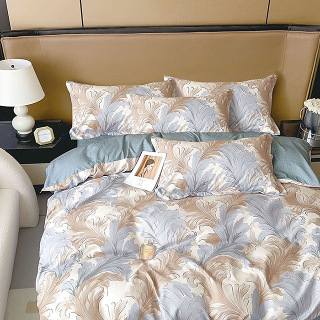 Спално бельо от 100% памук – бежово със сини и кафяви листа