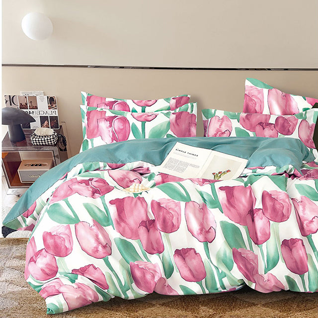 Спално бельо от 100% памук – кремав цвят и зелено с цветя