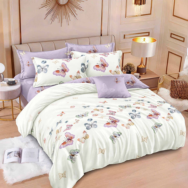 Спално бельо от 100% памук – бяло и лилаво с пеперуди