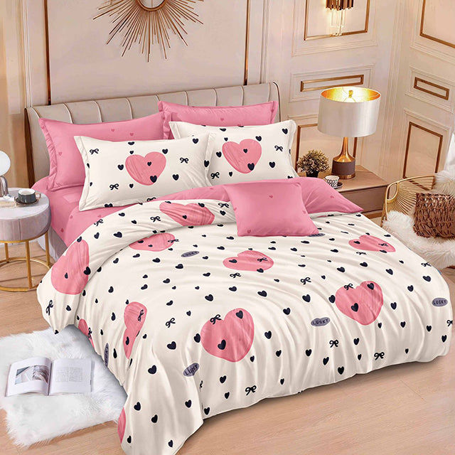 Спално бельо от 100% памук – бяло и розово със сърца