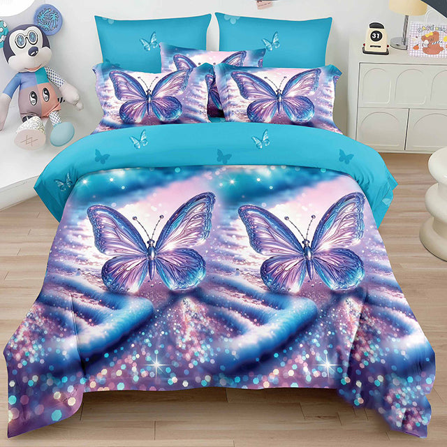 Спално бельо от 100% памук - синьо и лилаво с пеперуди