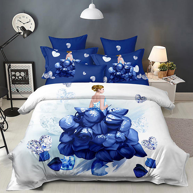 3D Спално бельо от 100% памук - бял фон с жена в рокля от сини рози