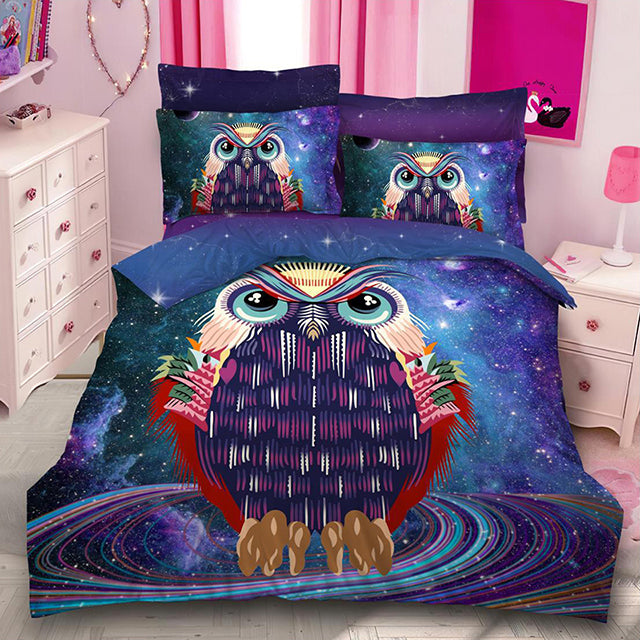 3D Спално бельо от 100% памук - бухал в космоса