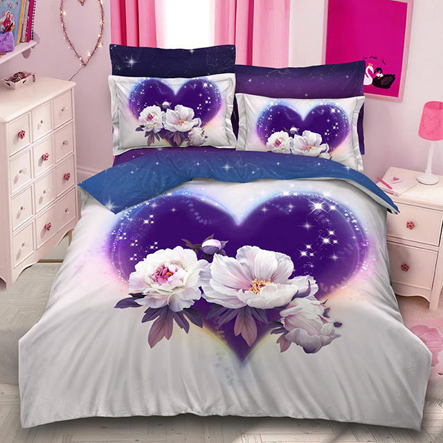 3D Спално бельо от 100% памук - бял фон с бели цветя в лилаво сърце