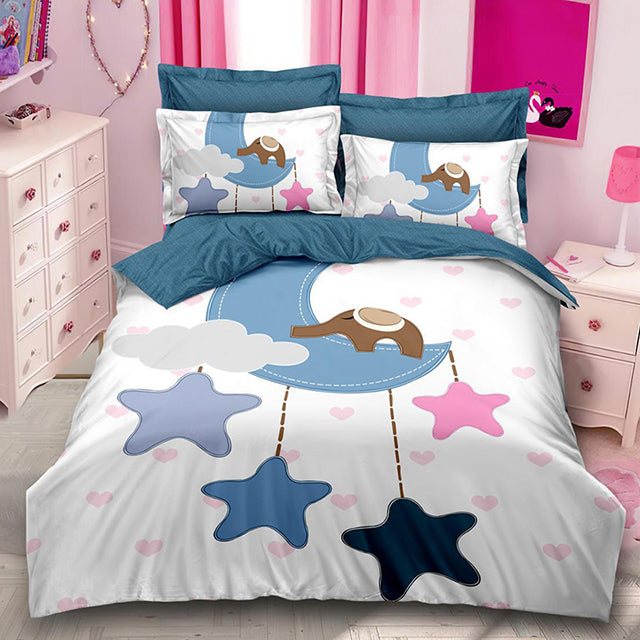 3D Спално бельо от 100% памук - бяло и синьо със слон и звезди