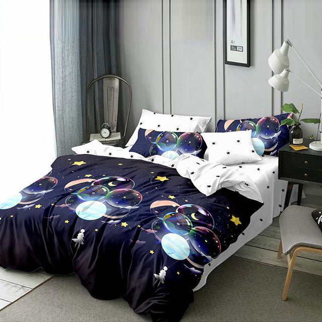 Спално бельо от поликотън – тъмносиньо и бяло с балони