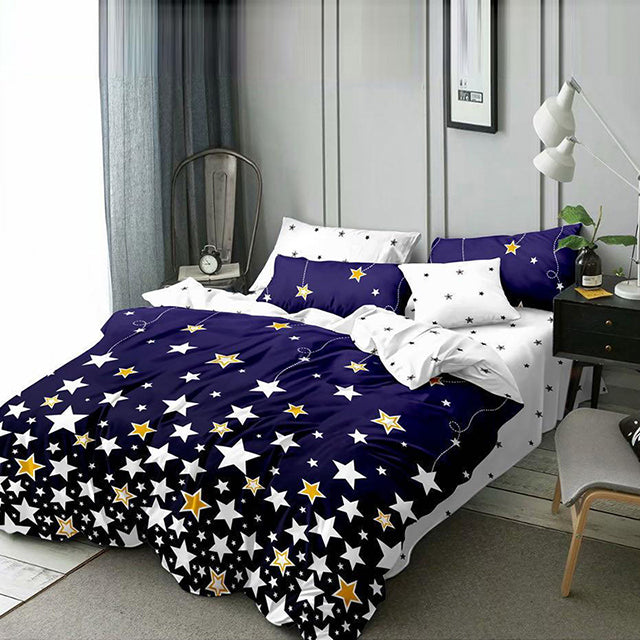 Спално бельо от поликотън – тъмнолилаво с бели и жълти звезди