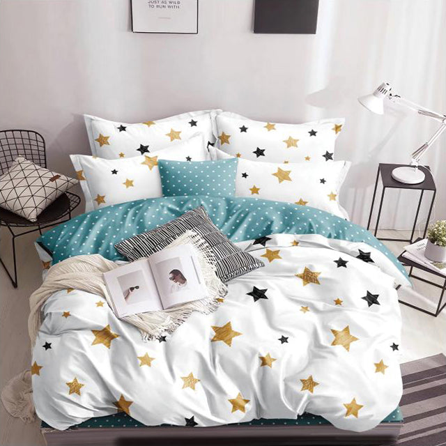 Спално бельо от поликотън – бяло и синьо със звезди