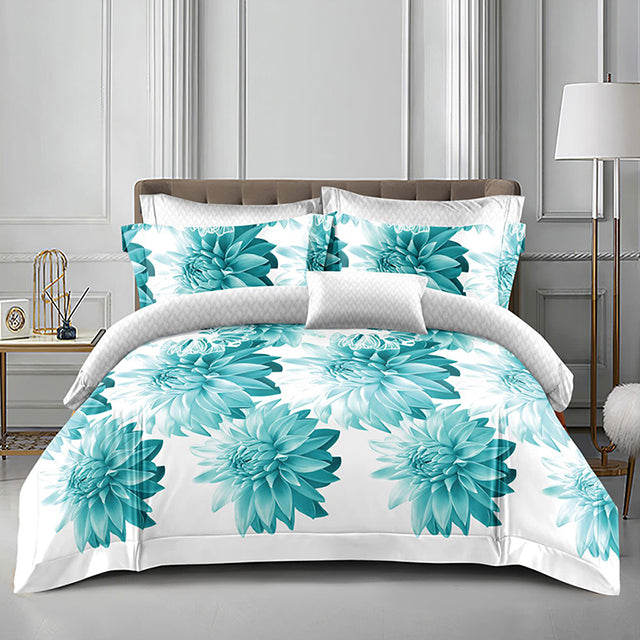 Спално бельо от поликотън – бяло с тюркоазени цветя