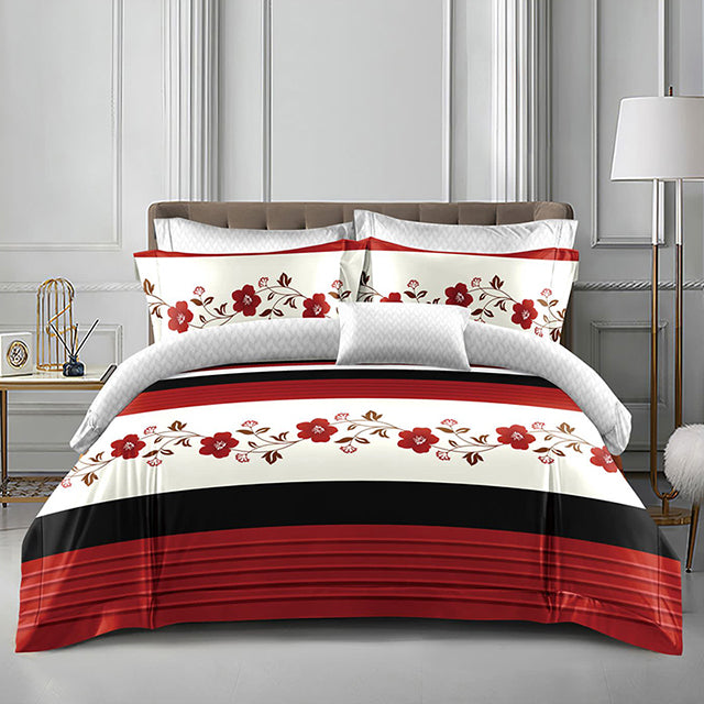 Спално бельо от поликотън – бяло, червено и черно с цветя