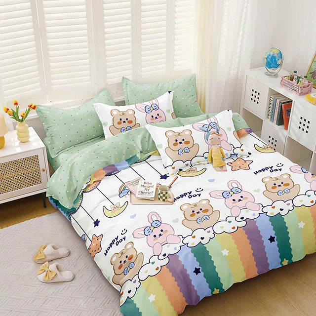 Спално бельо от Поликотън – зелено с животинки и дъга