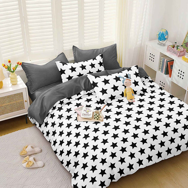 Спално бельо от поликотън – бяло и сиво със звезди