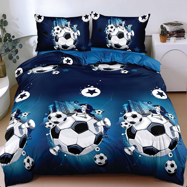 Спално бельо от поликотън – тъмносиньо с футболни топки