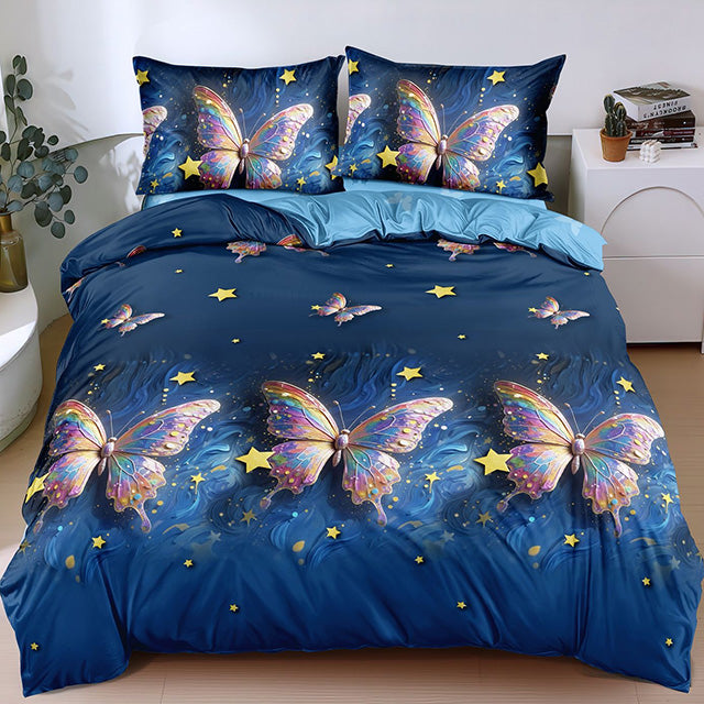Спално бельо от поликотън – тъмносиньо с пеперуди и звезди