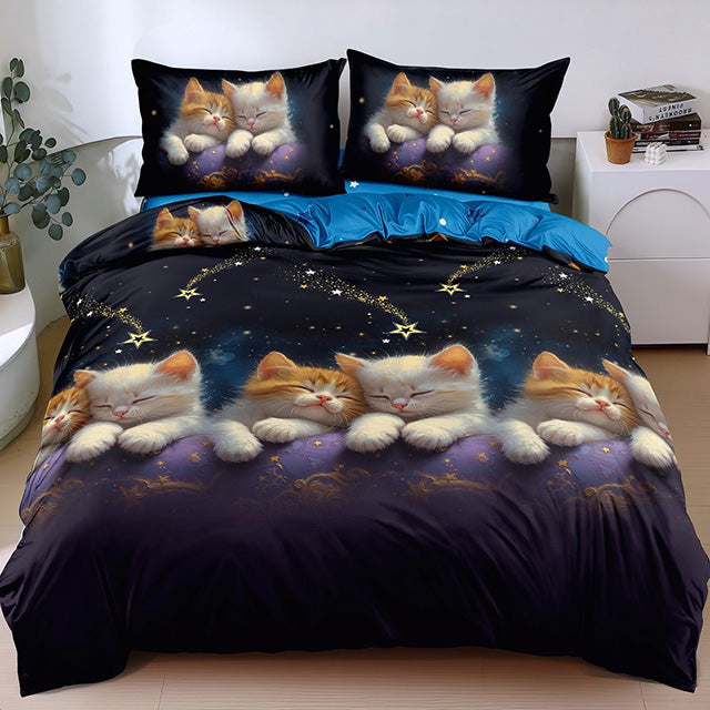 Спално бельо от поликотън – синьо с котенца