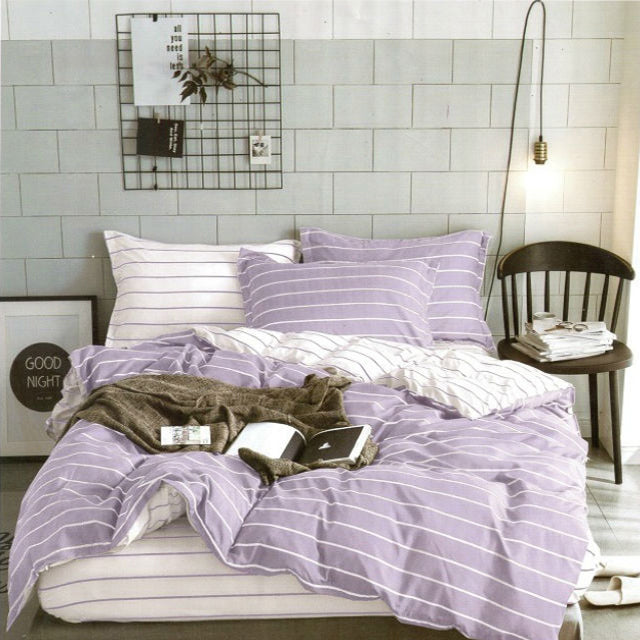 Спално бельо от поликотън – лилаво и бяло с райета