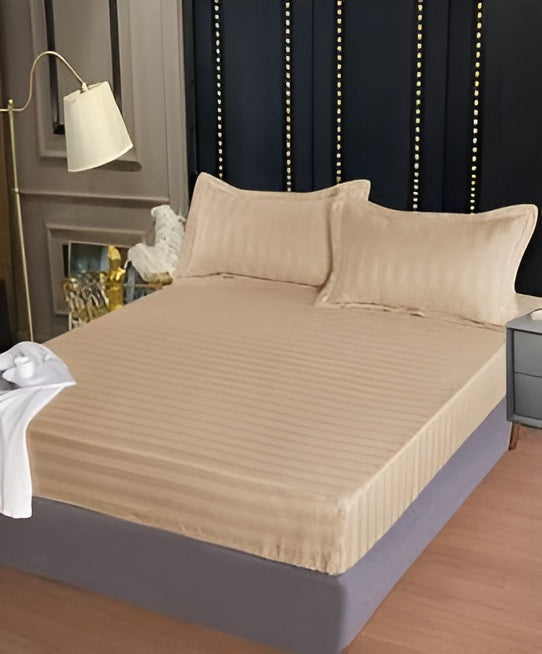 Едноцветно спално бельо с ластик - кафяво с райе