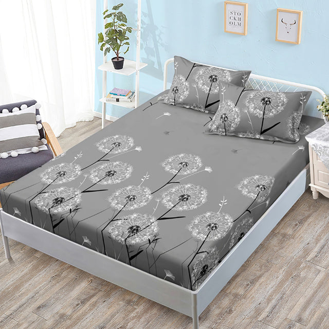 Спално бельо от 3 части с ластик - сиво с глухарчета