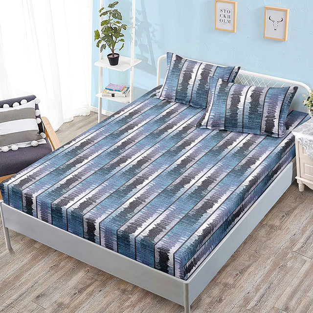 Спално бельо от 3 части с ластик - синьо с абстрактен мотив