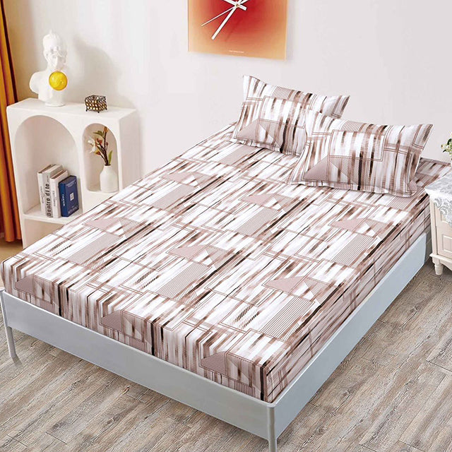 Спално бельо от 3 части с ластик - бежово с геометричен мотив