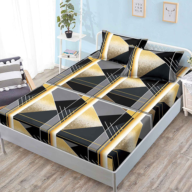 Спално бельо от 3 части с ластик - черно със златен мотив