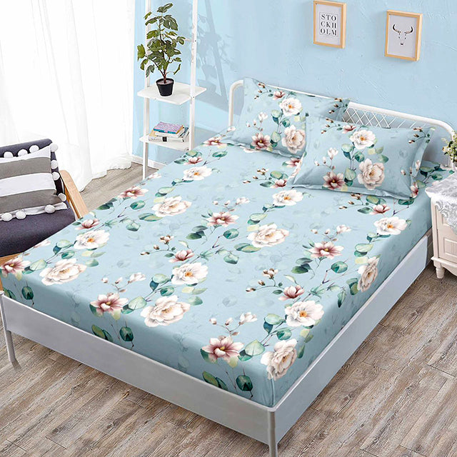 Спално бельо от 3 части с ластик - светлосиньо с рози