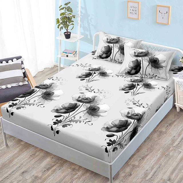 Спално бельо от 3 части с ластик - сиво с черни цветя