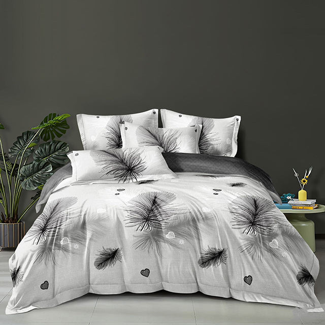 Единично спално бельо от 100% памук - сиво с пера и сърчица