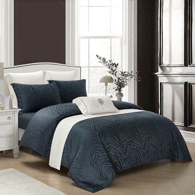 Луксозно спално бельо с ластик от жакард сатен - тъмносиньо