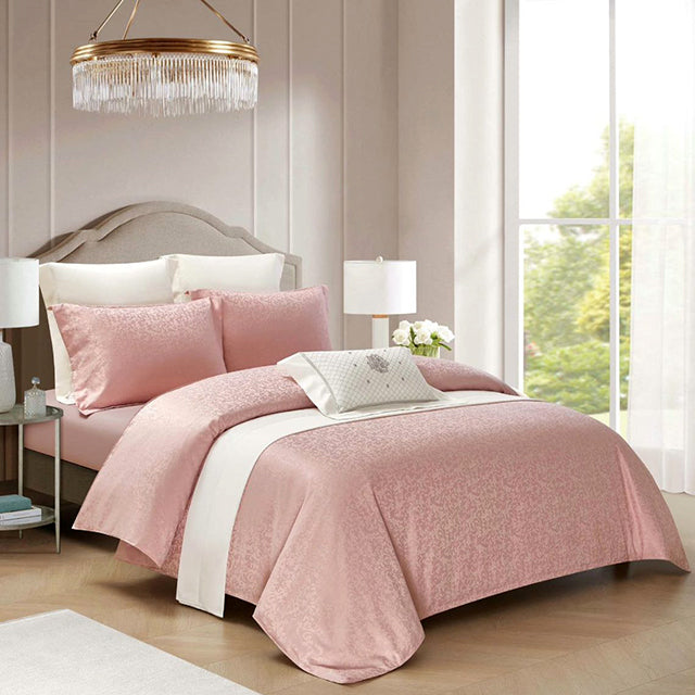 Луксозно спално бельо с ластик от жакард сатен - розово