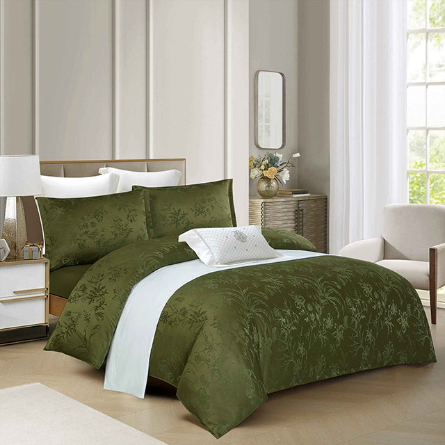 Луксозно спално бельо с ластик от жакард сатен - тъмнозелено