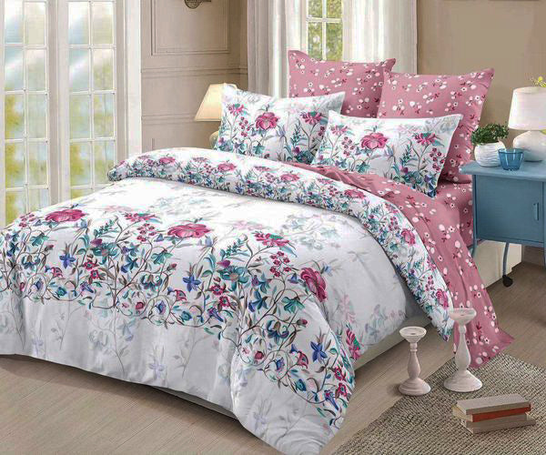 Спално бельо от 100% памук – бяло и розово с цветя