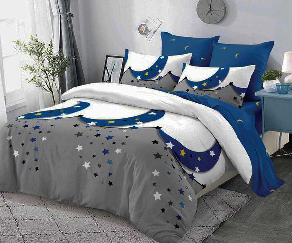 Спално бельо от 100% памук – бяло, сиво и синьо с луни и звезди