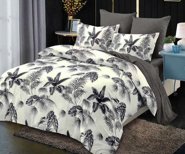 Спално бельо от 100% памук – бяло и сиво с листа