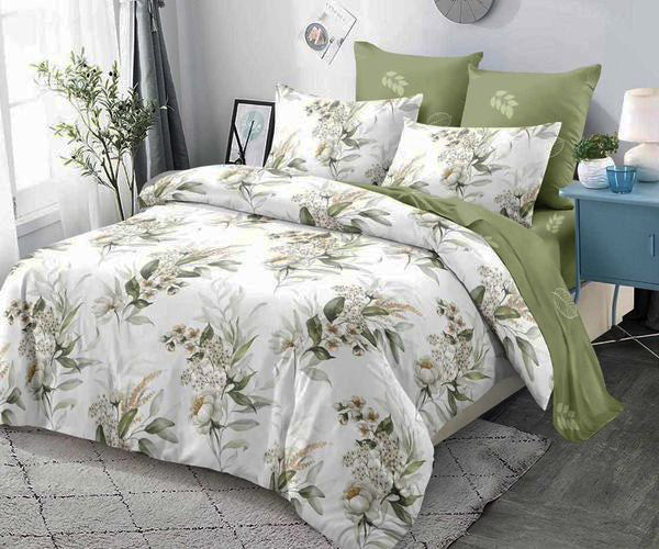 Спално бельо от 100% памук – бяло и зелено с цветя и листа
