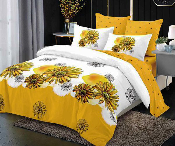 Спално бельо от 100% памук – бяло и жълто с маргаритки
